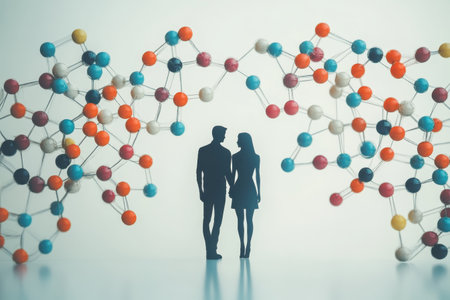 A couple stands together, silhouetted against vibrant molecular models, showing creativity in science.の写真素材