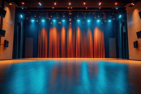 The stage is illuminated with colorful lights, awaiting performers in a lively auditorium.の写真素材