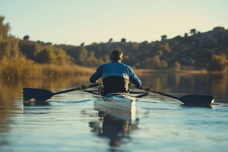 A person rows gently on a calm lake surrounded by trees, reflecting early morning light.の写真素材