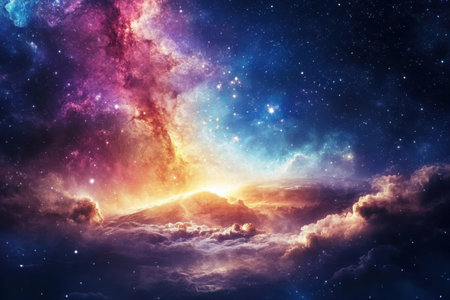 Bright colors fill the expansive cosmos, showcasing swirling clouds and twinkling stars, creating a captivating view.の写真素材