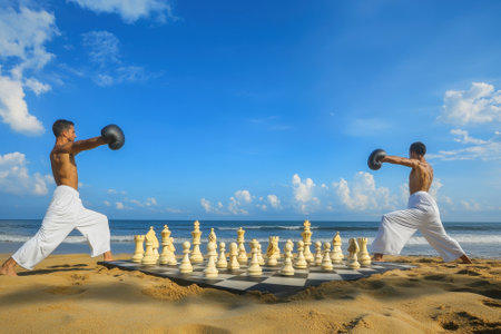 Two shirtless men perform martial arts poses near a large chessboard on a beautiful beach.の写真素材