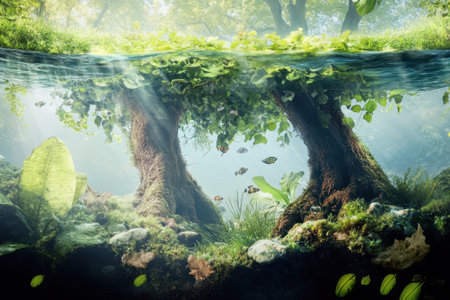 Sunlight filters through leaves above, illuminating the vibrant roots and plants thriving in clear water below.の写真素材