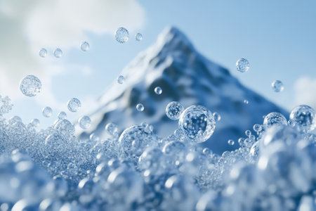 Bubbles rise to the surface in clear water, with a majestic snowy mountain in the background under a blue sky.の写真素材