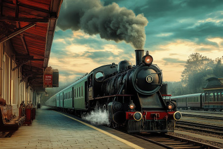 A classic steam train approaches a train station, releasing smoke as passengers await its arrival at dusk.の写真素材