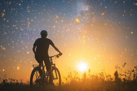 A cyclist silhouettes against a vibrant sunset and a star-filled sky, capturing a moment of tranquility.の写真素材
