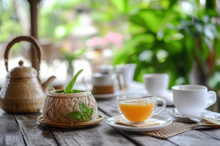 Savoring a cup of tea surrounded by greenery, a tranquil atmosphere enhances the experience.の写真素材