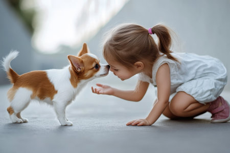 A little girl kneels down to meet a small dog, sharing a moment of joy in a peaceful outdoor setting.の写真素材