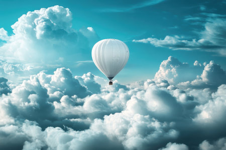 A hot air balloon rises gracefully above a sea of fluffy clouds under a bright blue sky.の写真素材