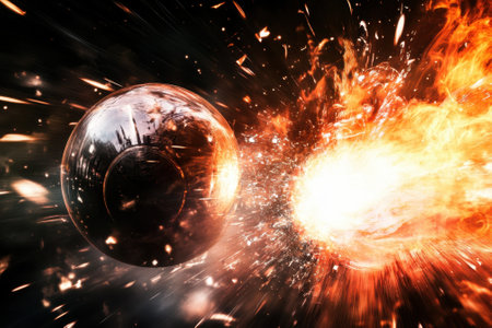 A metallic sphere collides with a burst of intense flames, creating a dramatic explosion of light and energy.の写真素材