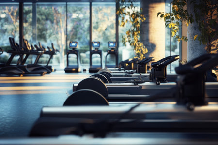 Bright fitness center showcases empty treadmills during quiet morning hours, inviting workouts in natural light.の写真素材