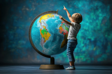 Young child stands next to a globe, curiously pointing at different countries in a vibrant room.の写真素材