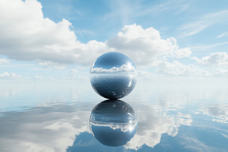 A shiny sphere reflects the sky and water, creating a tranquil and dreamy atmosphere in nature.の写真素材