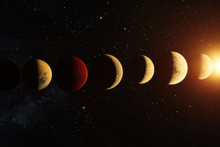 Different planets of the solar system are shown in alignment against a dark, starry background.の写真素材