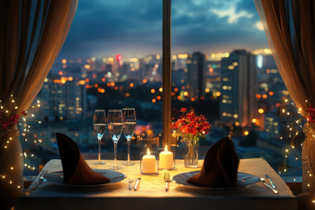 A beautifully arranged table for two overlooks a vibrant city skyline at twilight, enhanced by candlelight.の写真素材