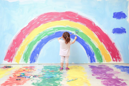 A young child happily paints a large rainbow on a studio wall, surrounded by colorful art supplies.の写真素材