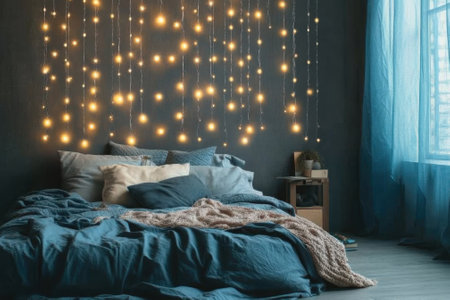 This serene bedroom features blue bedding, soft textures, and warm fairy lights illuminating the space.の写真素材