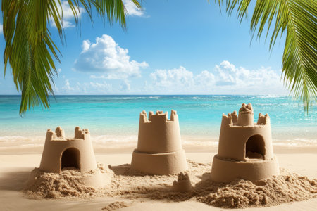 Three intricately built sandcastles stand on the shoreline with gentle waves lapping nearby.の写真素材