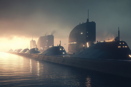 Several large submarines are docked in a tranquil harbor shrouded in mist during the evening hours.の写真素材