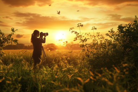 Silhouette of a photographer using a camera, capturing the vibrant sunset against a natural backdrop.の写真素材