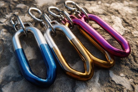 Four vibrant carabiners in various colors rest on a rough surface, showcasing their sleek design and functionality.の写真素材