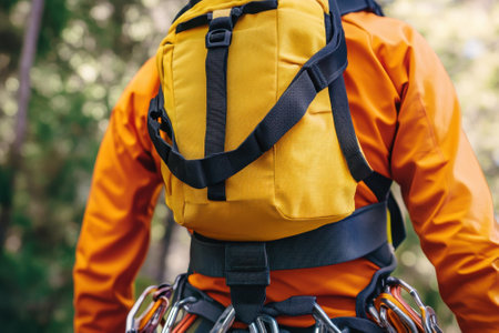 A climber in vibrant orange clothing is gearing up for climbing.の写真素材