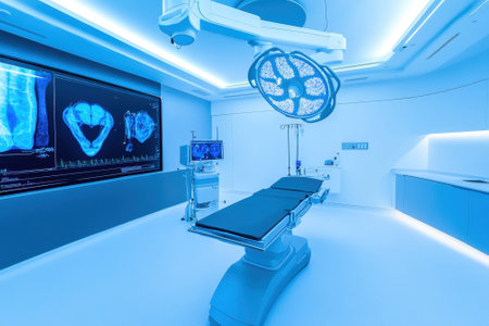 This surgical room showcases advanced medical equipment, bright blue lighting, and digital displays of medical scans.の写真素材