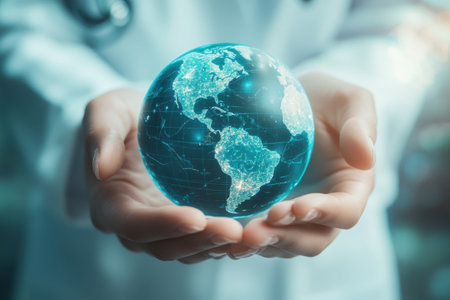 A scientist gently cradles a luminous globe representing the earth, symbolizing global innovation.の写真素材