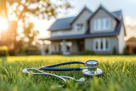 A stethoscope lies on green grass in front of a lovely suburban home at sunset, evoking calmness.の写真素材