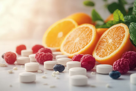 Juicy orange slices and vibrant berries are arranged next to vitamin tablets on a light surface.の写真素材