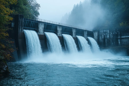 Water flows powerfully from the dam, surrounded by misty woods and a tranquil river in the morning light.の写真素材