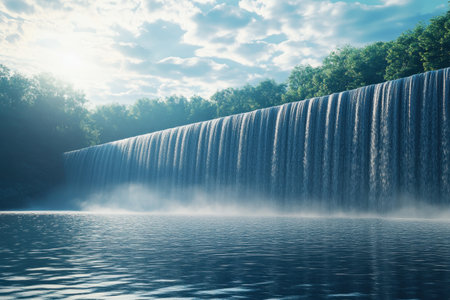The sunlight filters through clouds as water flows gracefully over a waterfall into a serene lake.の写真素材