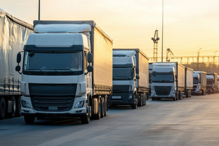 A row of trucks waits at a freight terminal as the sun sets, casting a warm glow on the scene.の写真素材
