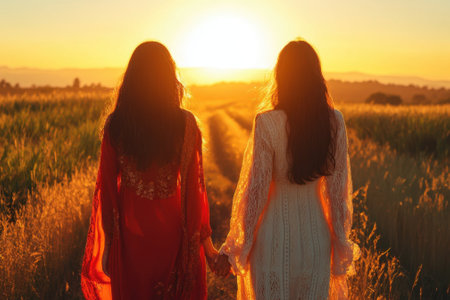 Two friends stroll through a golden field, holding hands as the sun sets in a breathtaking display of colors.の写真素材