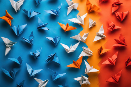 Butterflies made from paper in various colors are beautifully arranged on a colorful backdrop of blue and orange.の写真素材