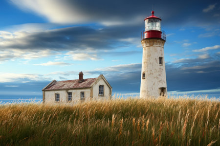 A lighthouse overlooks a field of tall grass, surrounded by a stunning sky during sunset, radiating calmness.の写真素材