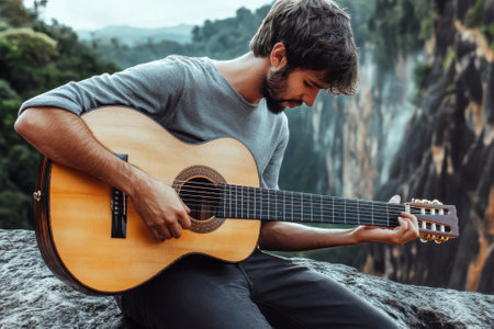 A young man sits on a rock, strumming his guitar surrounded by lush greenery and a beautiful view.の写真素材