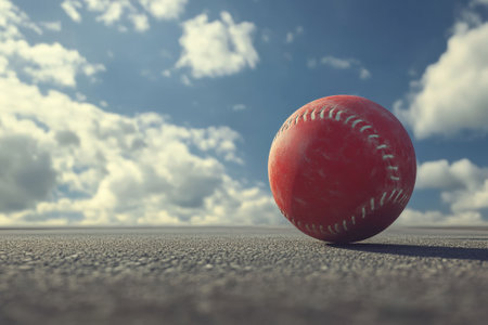 A bright red baseball lies on a textured surface, captured under a clear blue sky with clouds, symbolizing leisure.の素材