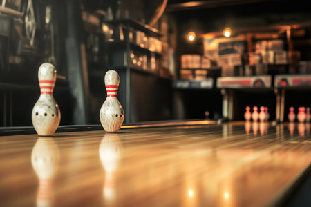 Two vintage bowling pins stand at the end of a wooden lane, surrounded by dim lighting that enhances the atmosphere.の写真素材