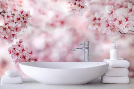 A serene bathroom features a sleek basin surrounded by soft white towels and delicate cherry blossoms in bloom.の写真素材