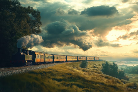A vintage steam train chugs through lush greenery as the sun sets and clouds dramatize the sky.の写真素材