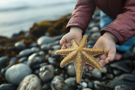 A child holds a starfish while standing on a rocky beach, discovering marine life during low tide.の素材