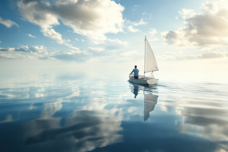 A person sails alone on tranquil waters, reflecting clouds and a blue sky during daytime.の写真素材