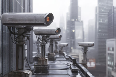 Several security cameras are positioned on a rooftop, surveying a foggy cityscape during rain.の写真素材