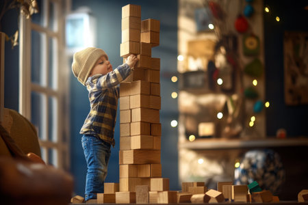 A young child in a knitted hat stacks wooden blocks carefully in a warmly lit room filled with decorations.の写真素材