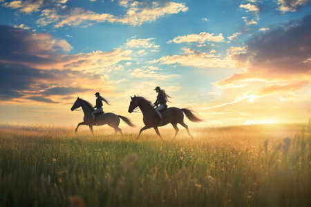 Two riders gallop across a grassy field as the sun sets, creating a beautiful and tranquil atmosphere.の写真素材