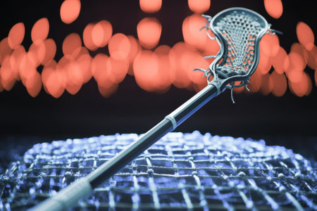 A lacrosse stick is positioned on a goal net with vibrant bokeh lights glowing in the background during the evening.の写真素材