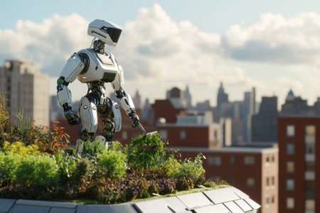 A robot is carefully pruning plants in a vibrant rooftop garden overlooking a bustling city skyline.の写真素材