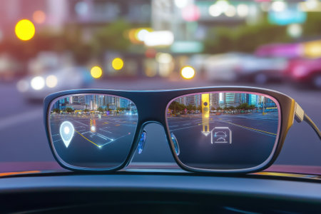Smart glasses show directions and data while sitting in a car on a bustling city street at dusk.の写真素材