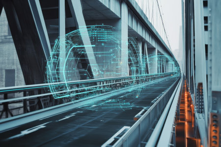 A digital projection displays modern technology features on a city bridge.の写真素材