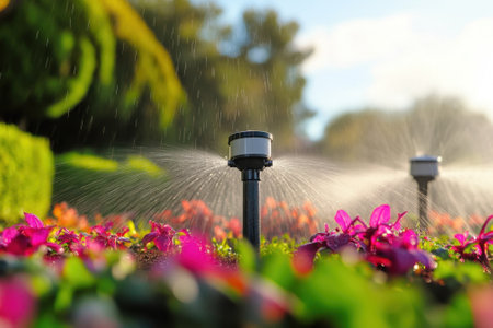 Watering system sprays gentle mist over colorful flowers in a lush garden during bright daylight.の写真素材
